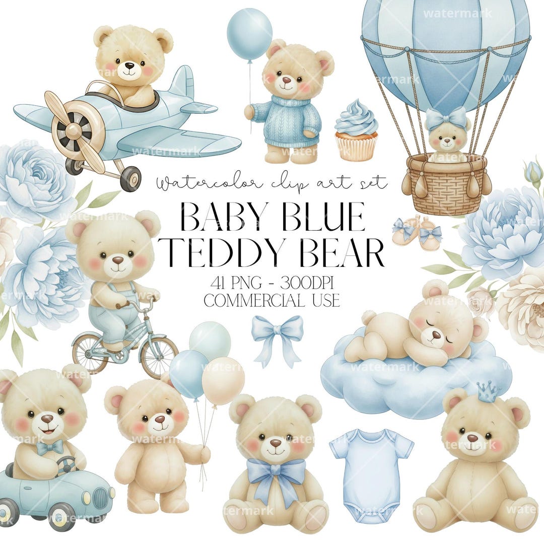 Baby Blue Teddy Bear Watercolor Clipart PNG Bear Baby Shower, Nursery ...
