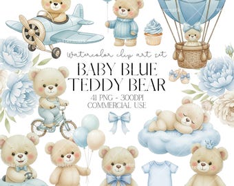 Ours en peluche bleu bébé aquarelle Clipart PNG Shower de bébé ours, décoration de chambre d'enfant, anniversaire mignon ours en peluche, usage commercial téléchargement immédiat