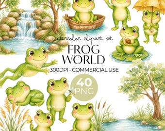Frog World Clipart Watercolor PNG Frogs Graphics Bundle Nursery Decor, Wildflower, Pond,  Little Frog, Sublimation, Wall Art, Commercial Use