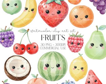 水彩フルーツクリップアートPNG、かわいいフルーツイラストコレクション、ベリーバースデーパーティーデコレーション、子供部屋アート、商用利用可、即時ダウンロード