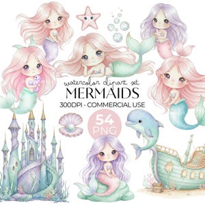 Clipart di sirene carine, acquerello, PNG, animali marini, castello, code di sirena, cavalluccio marino, delfino, conchiglia, stella marina, download immediato, uso commerciale