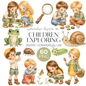 Könnte beinhalten: Ein Aquarell-Clipart-Set mit dem Titel CHILDREN EXPLORING 300DPI - COMMERCIAL USE, das Illustrationen von Kindern mit Lupen, Ferngläsern und Kameras sowie einen Frosch, eine Schnecke, eine Raupe und einen Käfer zeigt.
