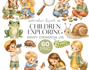 Watercolor Children Exploring Clipart Set: Nature Adventure, Forest School (60 PNG, Commercial Use)