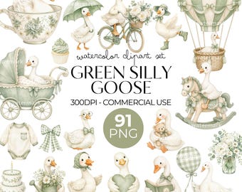 Green Silly Goose Clipart Watercolor PNG Bundle, Baby Shower & Birthday, Nursery Graphics, Wall Art, Transparent Background, Commercial Use