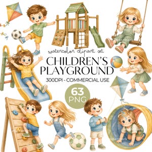 Peut inclure: Un ensemble d'illustrations à l'aquarelle représentant des enfants jouant sur une aire de jeux en bois avec toboggan, balançoire et mur d'escalade. Le set inclut des enfants avec des ballons, des cerfs-volants et un tunnel, avec le texte CHILDREN'S PLAYGROUND.