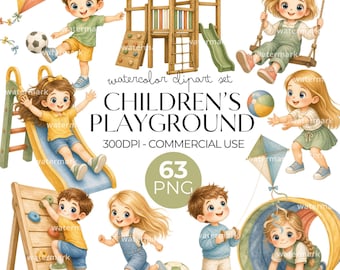 Children’s Playground Clipart Watercolor PNG Bundle Preeschool Kids Kindergarten Graphics for Stickers Wall Art Nursery Decor Commercial Use