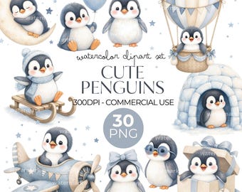 Cute Penguin Clipart Watercolor PNG Bundle, Baby Penguin Clipart Set, Nursery Animal Graphics, Birthday Invite, Baby Shower, Commercial Use