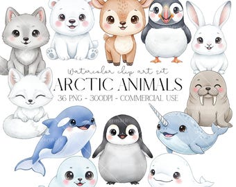 Mignons animaux de l'Arctique Clipart aquarelle PNG sous licence commerciale, ours polaire, art de la chambre d'enfant d'hiver, graphiques de fête d'anniversaire, téléchargement immédiat