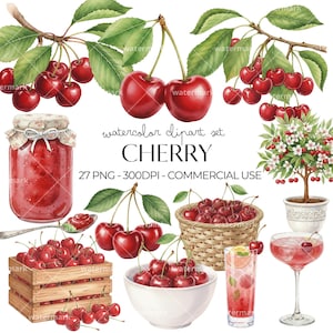 Può includere: Set di clipart ad acquerello con ciliegie. L'immagine include rami con ciliegie rosse e foglie verdi, un barattolo di marmellata di ciliegie, un cestino di ciliegie e un cocktail. Il testo "CHERRY" è visualizzato.