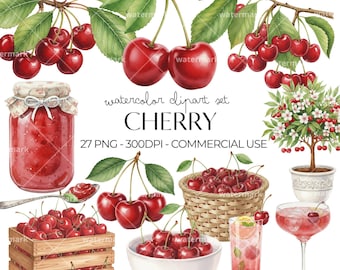 Cherry Clipart Watercolor PNG, Sweet Fruit Clipart Bundle for Invitations & Party Decor, Cute Red Cherry, Instant Download, Commercial Use