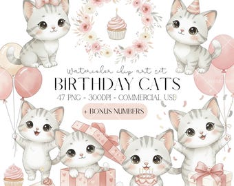 Clipart aquarelle d'anniversaire de chats PN pour Clipart de fête d'anniversaire de chat mignon, décoration de fête kitty, baby shower, usage commercial, téléchargement immédiat