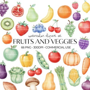Puede incluir: Una colección de ilustraciones en acuarela que presenta varias frutas y verduras, incluyendo uvas, granada, pera, plátano, naranja, fresa, arándanos, cerezas, manzana, pimiento, guisantes, tomate, calabaza, zanahoria, berenjena y espárragos.