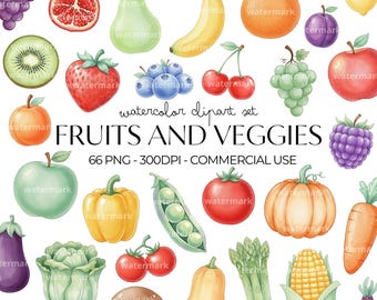 Fruits and Veggies Clipart Watercolor PNG Bundle, Fruits & Veggies Clipart Set, Food Graphics, Instant Download, Commercial Use