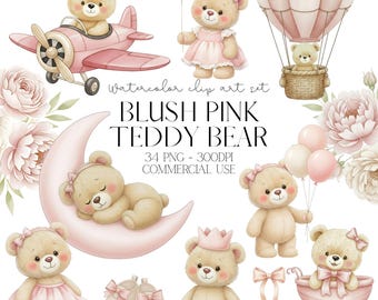 Aquarelle fard à joues rose ours en peluche Clipart PNG ours en peluche fête d'anniversaire, baby shower, art mural chambre d'enfant usage Commercial, téléchargement immédiat