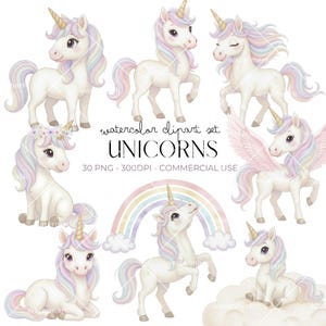 Peut inclure: Ensemble de cliparts aquarelle représentant plusieurs licornes blanches avec des crinières et des queues pastel. Certaines licornes ont des ailes, et l'une est près d'un arc-en-ciel. Le texte "UNICORNS" est affiché.
