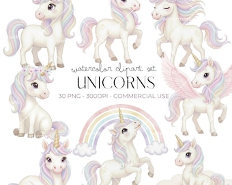 Imágenes prediseñadas de unicornios en acuarela PNG, lindo paquete de unicornios, animales mágicos para decoración de guardería, invitaciones de cumpleaños, descarga instantánea para uso comercial.