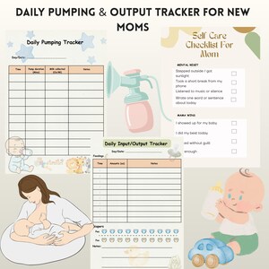 May include: A printable planner for new moms, featuring a daily pumping tracker, input/output tracker, and a self-care checklist. The design includes illustrations of a baby, a mother breastfeeding, and a breast pump.