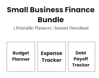 Może przedstawiać: Biała grafika z tekstem "Small Business Finance Bundle" i "3 Printable Planners | Instant Download." Poniżej znajdują się trzy pola z etykietami "Budget Planner", "Expense Tracker" i "Debt Payoff Tracker."