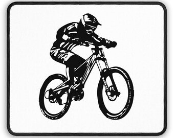 Alfombrilla de ratón con silueta minimalista de bicicleta de montaña - Decoración de escritorio de ciclismo en blanco y negro