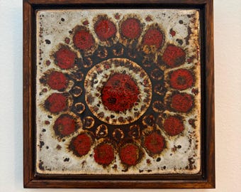 Arte em Azulejo Vintage (Década de 1970) – Moldura Flutuante em Carvalho da Tasmânia – Reciclado, Feito à Mão, Sustentável, 17 x 17 cm