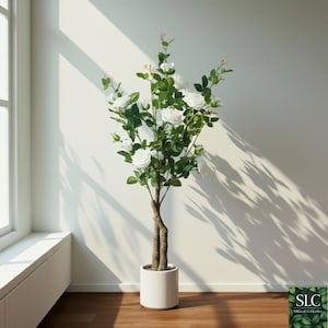 Könnte beinhalten: Ein künstlicher Rosenbaum in einem weißen Keramiktopf. Der Baum hat weiße Rosenblüten und grüne Blätter. Der Stamm ist hellbraun. Der Topf hat einen Durchmesser von etwa 30 cm.