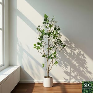 Large Artificial Tree 150cm in Pot, Realistic Faux Plant with Flowers for Home Office Wedding Decor