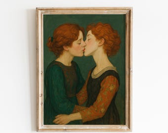 Lesbian Lovers Kiss – Vintage-Style Romantic Queer Art Print