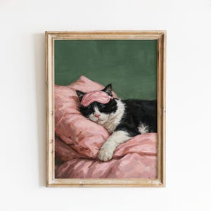 May include: A framed print of a sleeping cat. The black and white cat wears a pink sleep mask and rests on a pink pillow. The background is a solid green color. The frame is a light brown color.
