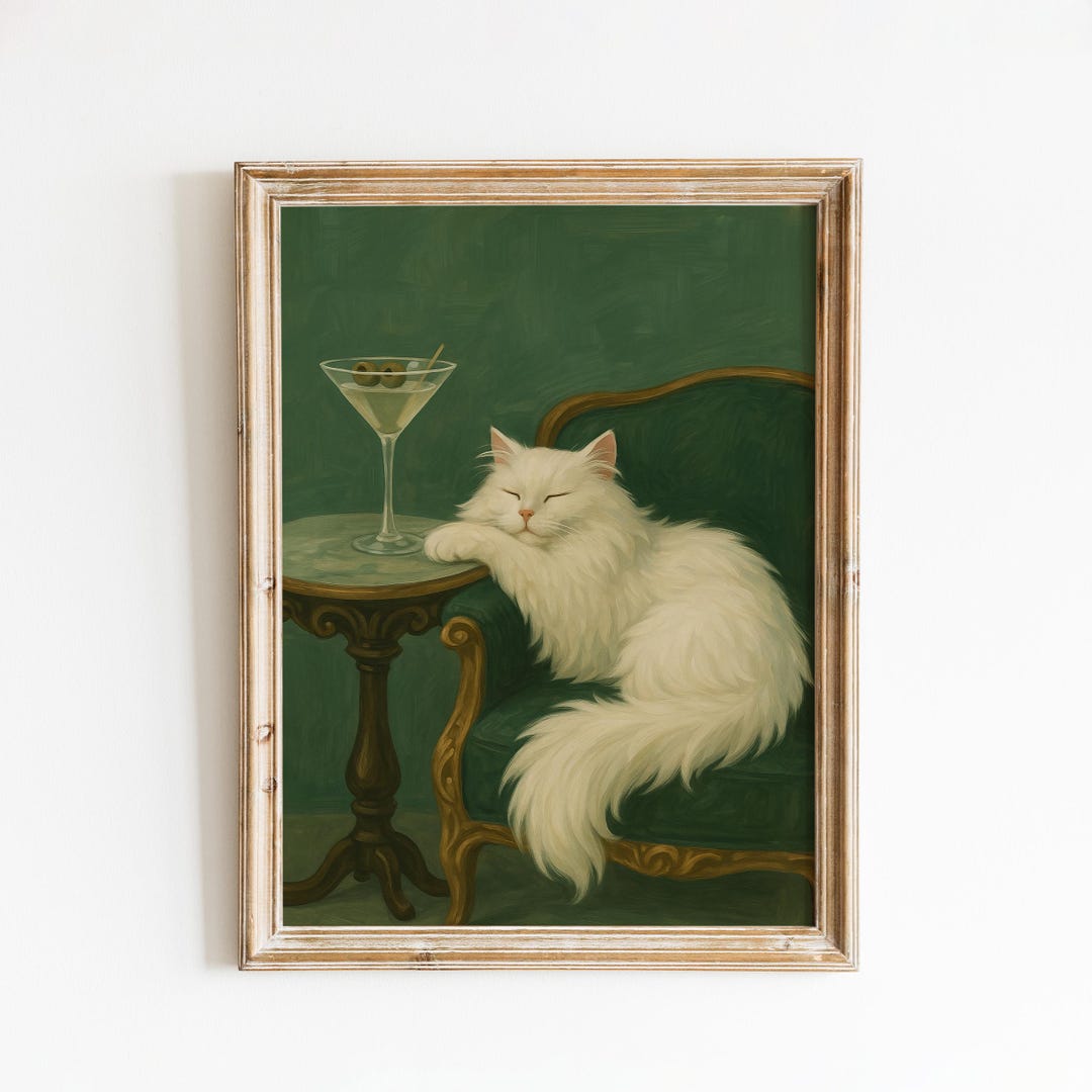Elegant White Cat With Martini – Vintage Lounge Art Print - Etsy