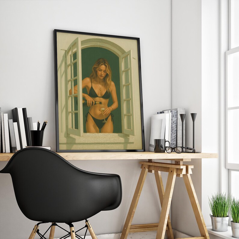 Bikini Girl at Window Poster – Modern Summer Champagne Art Print for Chic Wall Decor imagen 4