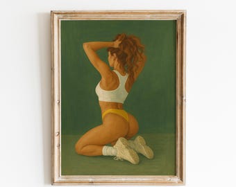 May include: A framed painting shows a person kneeling, with arms raised to touch their hair. The person wears a white sports bra, yellow shorts, and white trainers. The background is a solid green colour.