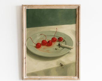 May include: A framed still life painting featuring a light green plate with five bright red cherries and a cigarette. The plate sits on a white tablecloth, with a green background. The painting has a vintage aesthetic.