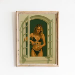 A painting of a woman in a bikini standing in a window, holding a glass of wine.