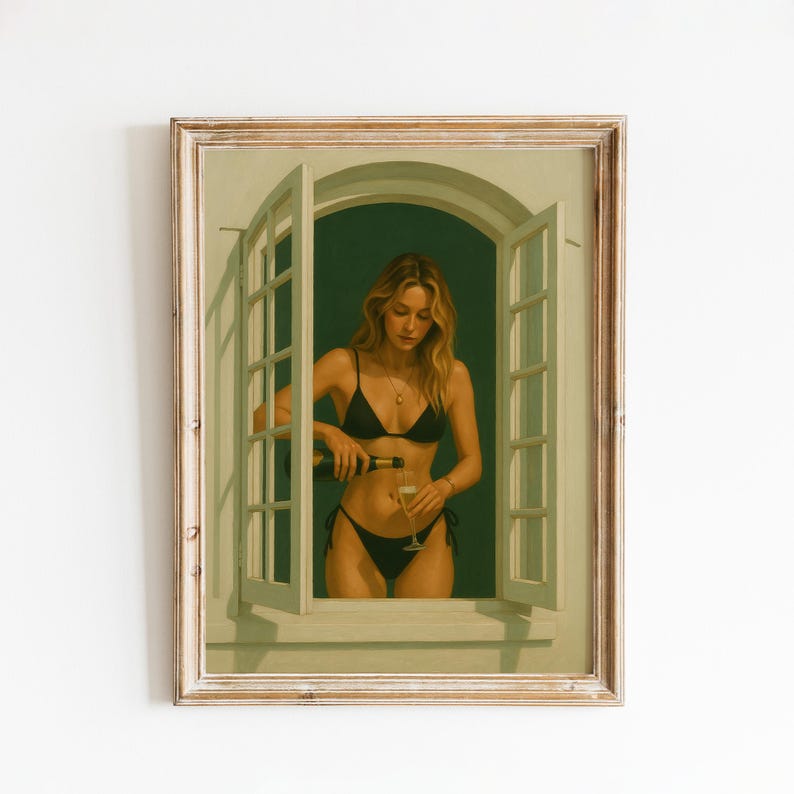 A painting of a woman in a bikini standing in a window, holding a glass of wine.
