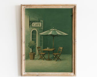 Green Café Poster – Vintage French Coffee Scene, Olive Minimal Wall Art Print