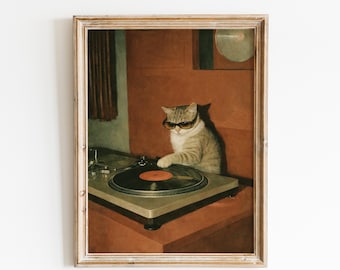 DJ Cat Vinyl Poster – Retro Turntable Music Wall Art