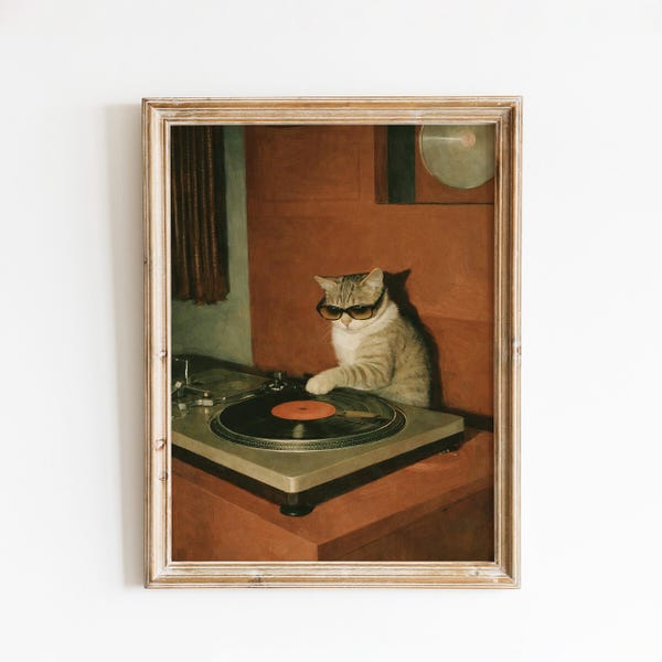 Póster de vinilo de DJ Cat: arte mural musical retro con tocadiscos