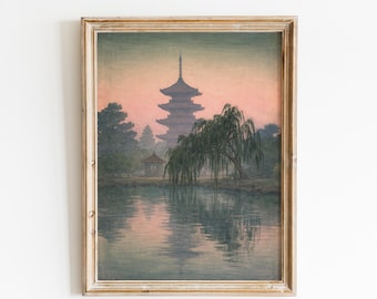 Pagoda al anochecer junto al agua – Impresión vintage de paisaje japonés