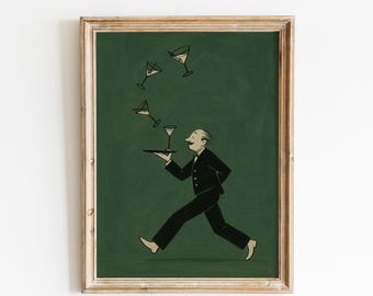 May include: A framed print featuring a cartoon illustration of a waiter in a black suit carrying a tray with a martini glass. Several martini glasses are floating in the air. The background is a dark green color.