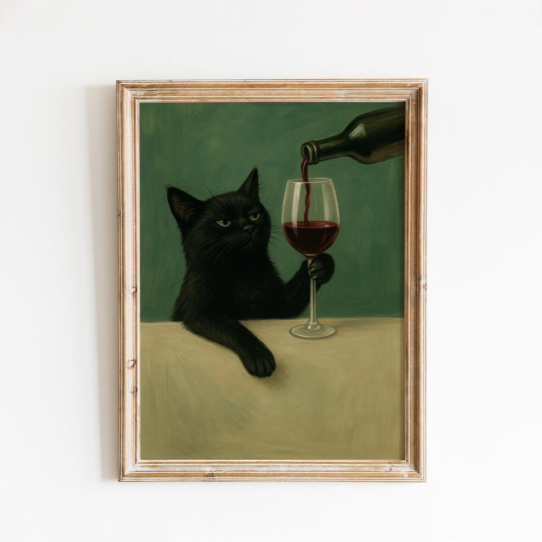 Black Cat With Wine Glass – Moody Whimsical Wall Art Print - Etsy