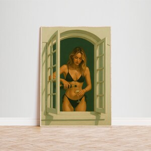Bikini Girl at Window Poster – Modern Summer Champagne Art Print for Chic Wall Decor imagen 3