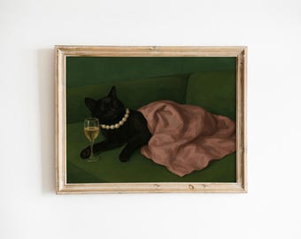 May include: A framed art print shows a black cat wearing a pearl necklace, reclining on a green sofa under a pink blanket. A glass of wine is placed beside it. The artwork has a vintage style.