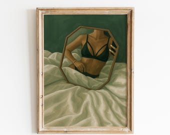 May include: A framed artwork featuring a mirror reflecting a person in black lingerie. The mirror is octagonal, with a light brown frame. The background is a dark green, and the bed linens are white.