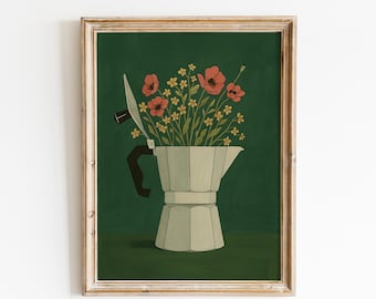 Könnte beinhalten: Gerahmter Kunstdruck mit einem Stillleben einer silbernen Espressokanne mit roten Mohnblumen und gelben Blumen vor einem dunkelgrünen Hintergrund. Der Rahmen ist hellbraun.