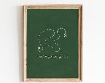 May include: Framed print with a dark green background and a white dotted line resembling a map. The text "you're gonna go far" is at the bottom. The frame is a light brown color.