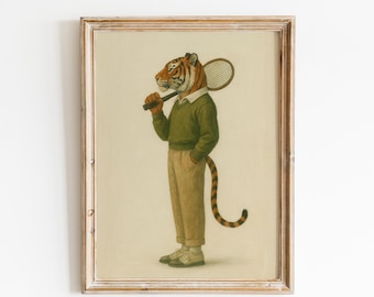 Tiger Tennis Poster – Vintage Animal Wall Art, Retro Sports Illustration Print
