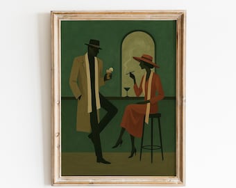 Vintage Bar Couple Poster – Cinematic Noir Art Print, Elegant Retro Romance