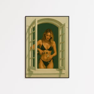 Bikini Girl at Window Poster – Modern Summer Champagne Art Print for Chic Wall Decor imagen 2