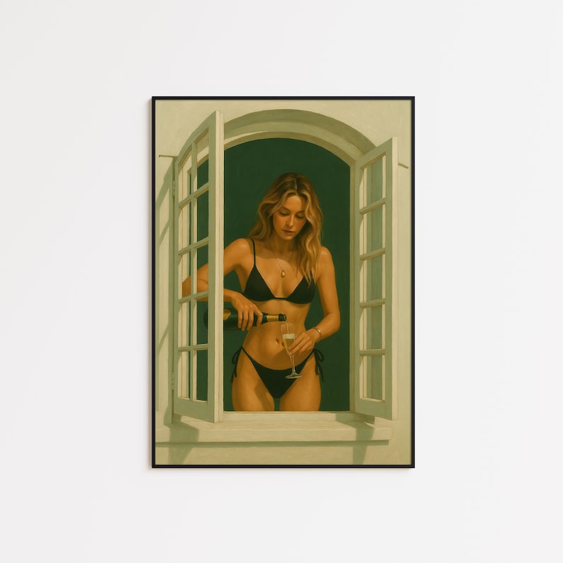 Bikini Girl at Window Poster – Modern Summer Champagne Art Print for Chic Wall Decor imagen 2