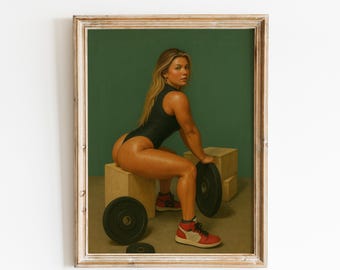 May include: A framed print depicting a woman in a black leotard, squatting with weight plates. She wears red and white trainers. The background is a solid green colour. The print is in a wooden frame.